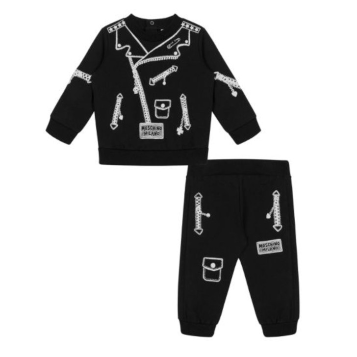 MOSCHINO COMPLETO FELPA E PANTALONE NERO UNISEX IN COTONE CON STAMPA