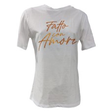 Giulia N Couture T-Shirt bianca a manica corta con maxi logo lettering FATTO CON AMORE arancione