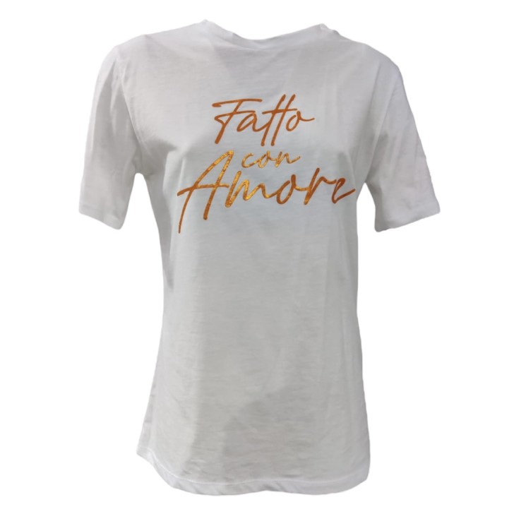 Giulia N Couture T-Shirt bianca a manica corta con maxi logo lettering FATTO CON AMORE arancione