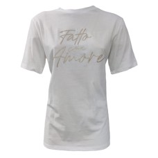 Giulia N Couture T-Shirt bianca in cotone a manica corta con maxi logo lettering FATTO CON AMORE beige