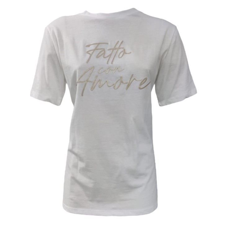 Giulia N Couture T-Shirt bianca in cotone a manica corta con maxi logo lettering FATTO CON AMORE beige