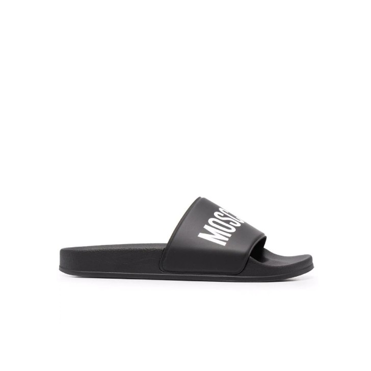 Moschino Ciabatta nera in gomma nera con fascia con logo lettering