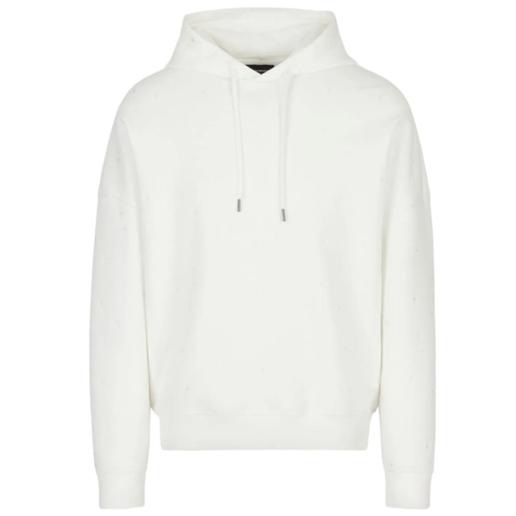 Emporio Armani Felpa con cappuccio in double jersey bianca con micro eagle All Over