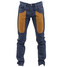 Jeckerson Jeans denim blu cinque tasche con toppe in Alcantara arancione