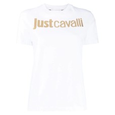 Just Cavalli T-shirt bianca in jersey di cotone a manica corta con logo JUST CAVALLI oro