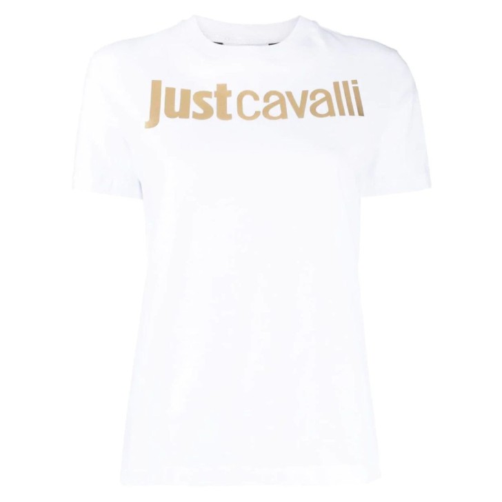 Just Cavalli T-shirt bianca in jersey di cotone a manica corta con logo JUST CAVALLI oro