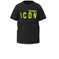 Dsquared2 T-shirt nera a manica corta in cotone con maxi logo DSQUARED2 ICON giallo fluo