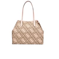 Guess Borsa a spalla Large Marrone con stampa logo Rosa All Over e maxi pochette interna estraibile