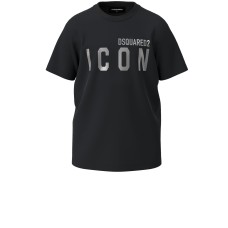 Dsquared2 T-shirt nera a manica corta in cotone con maxi logo DSQUARED2 ICON argento