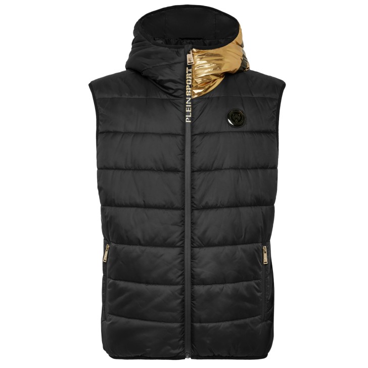 PLEIN SPORT GILET BLACK/GOLD CON CAPPUCCIO 