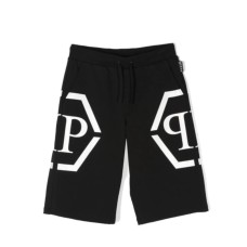Philipp Plein Pantaloncino in cotone nero con maxi logo PHILIPP PLEIN stampato