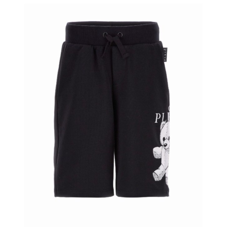 Philipp Plein Pantaloncino in cotone nero con maxi logo PLEIN e orsetto Teddy con logo PP All Over