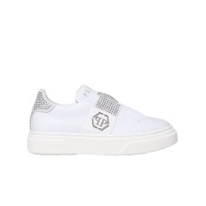 Philipp Plein Sneakers in pelle Bianca con inserti in pelle scamosciata e strass argento