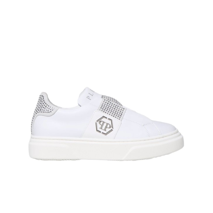 Philipp Plein Sneakers in pelle Bianca con inserti in pelle scamosciata e strass argento