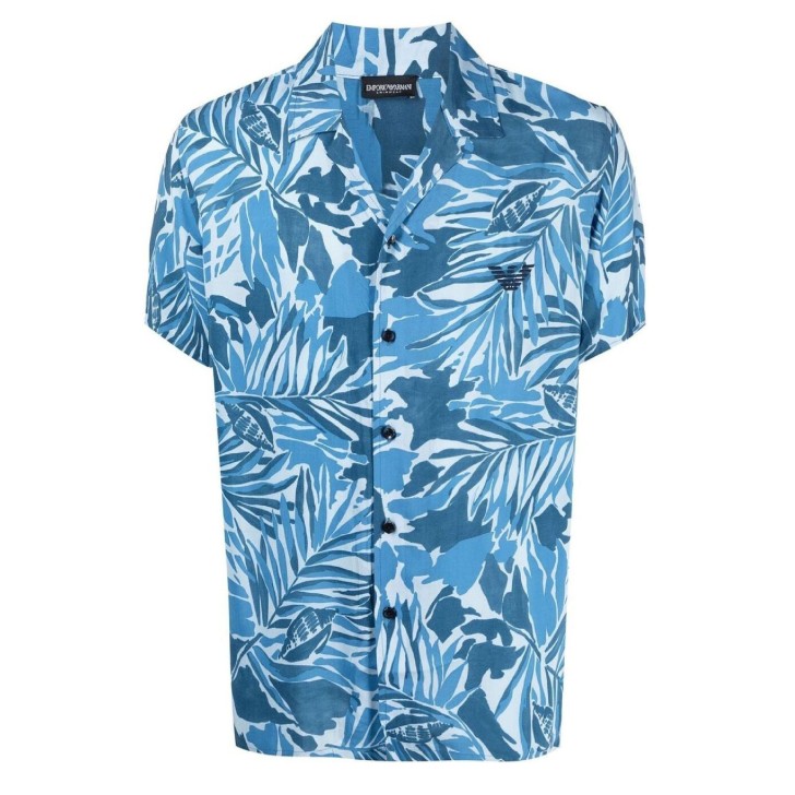 Emporio Armani Camicia REGULAR FIT a manica corta blu con stampa All Over e logo Aquila ricamato