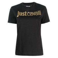 Just Cavalli T-shirt nera in jersey di cotone a manica corta con logo JUST CAVALLI oro