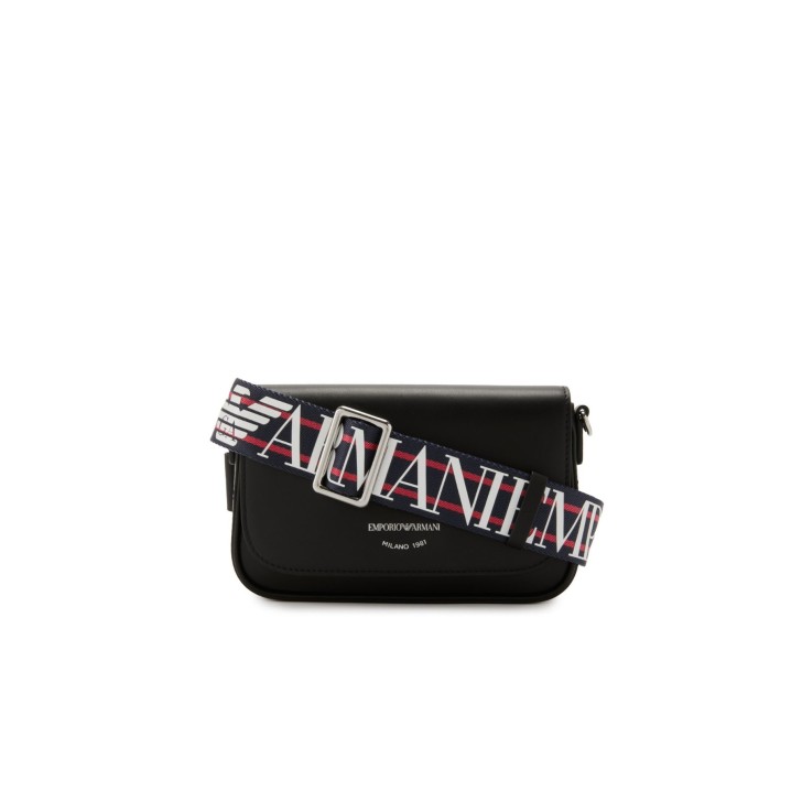 Emporio Armani Mini Borsa nera con tracolla in nastro regolabile, estraibile con logo All Over