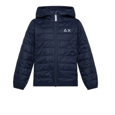 SUN68 GIUBBOTTO IN NYLON TRAPUNTATO BLU NAVY CON CAPPUCCIO E LOGO AUN68 WHITE
