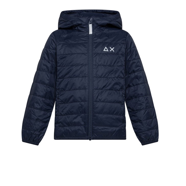 SUN68 GIUBBOTTO IN NYLON TRAPUNTATO BLU NAVY CON CAPPUCCIO E LOGO AUN68 WHITE