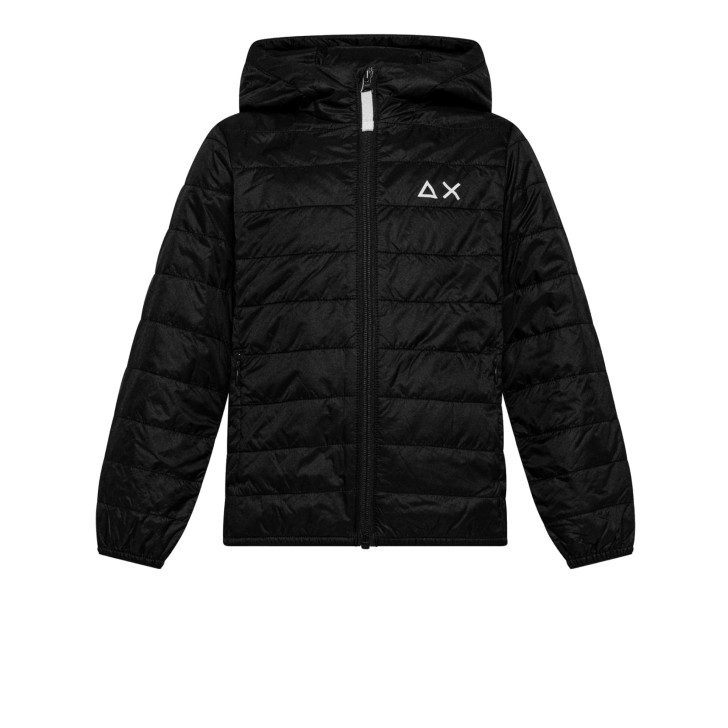 SUN68 GIUBBOTTO IN NYLON TRAPUNTATO BLACK CON CAPPUCCIO E LOGO SUN68 WHITE	