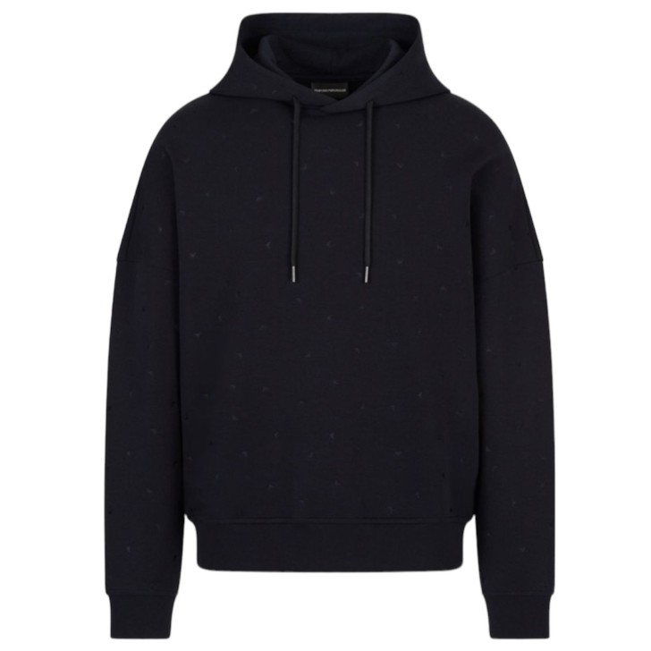 Emporio Armani Felpa con cappuccio in double jersey blu navy con micro eagle All Over