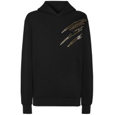 PLEIN SPORT FELPA IN JERSEY DI COTONE BLACK E GOLD CON STAMPA LAMINATA 