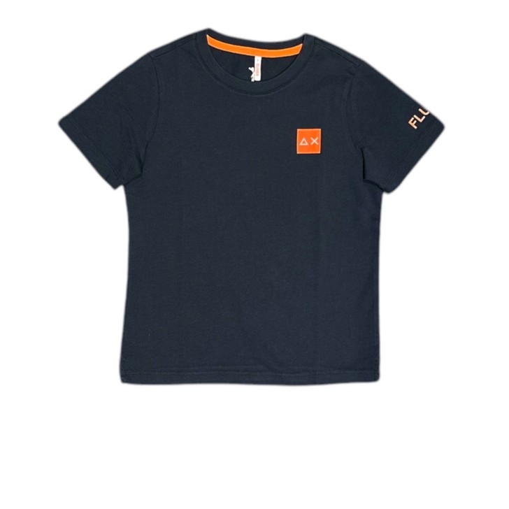 SUN68 T-SHIRT IN COTONE A MANICA CORTA NAVY BLUE CON PATCH ORANGE FLUO CON LOGO SUN68 WHITE