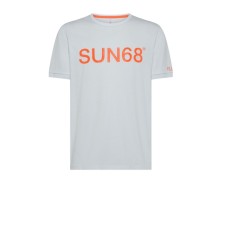 SUN68 T-SHIRT IN COTONE A MANICA CORTA WHITE CON LOGO SUN68 ORANGE FLUO	