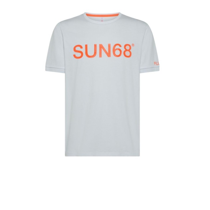 SUN68 T-SHIRT IN COTONE A MANICA CORTA WHITE CON LOGO SUN68 ORANGE FLUO	