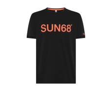 SUN68 T-SHIRT IN COTONE A MANICA CORTA BLACK CON LOGO SUN68 ORANGE FLUO 