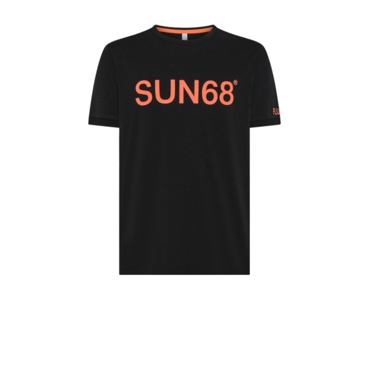 SUN68 T-SHIRT IN COTONE A MANICA CORTA BLACK CON LOGO SUN68 ORANGE FLUO 
