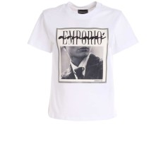 Emporio Armani T-shirt a manica corta Bianca in cotone con stampa fotografica su organza effetto 3D e logo lettering