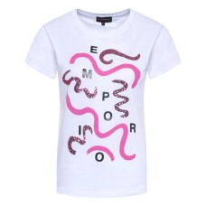 Emporio Armani T-shirt a manica corta Bianca con stampa Fuscia e paillettes con logo lettering EMPORIO