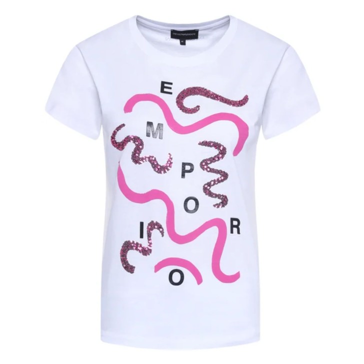 Emporio Armani T-shirt a manica corta Bianca con stampa Fuscia e paillettes con logo lettering EMPORIO