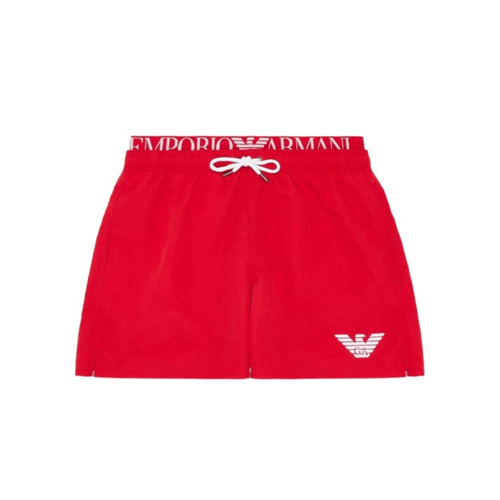 Emporio Armani Swimwear Costume boxer Rosso logoband con coulisse e banda elastica logata in vita