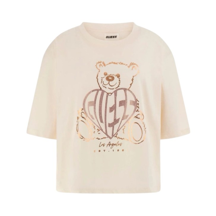 GUESS T-SHIRT CREMA CON ORSO E LOGO STRASS 
