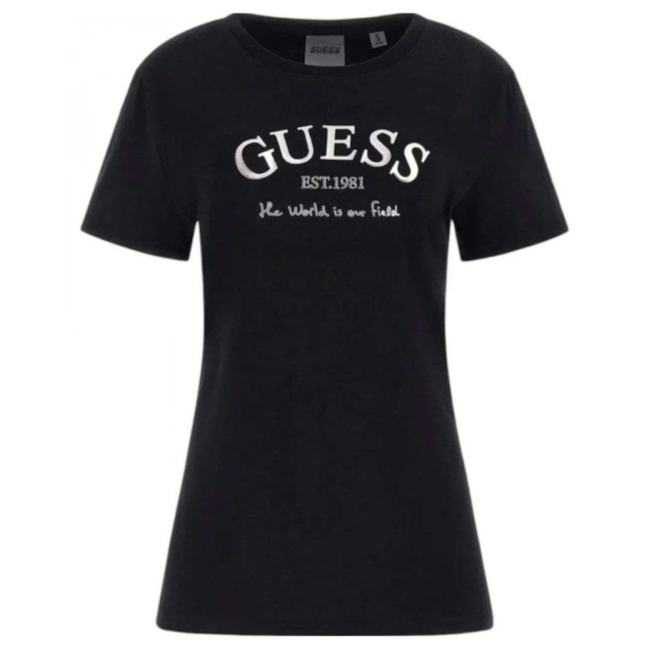 GUESS T-SHIRT MARGOT NERA LOGO LETTERING ARGENTO