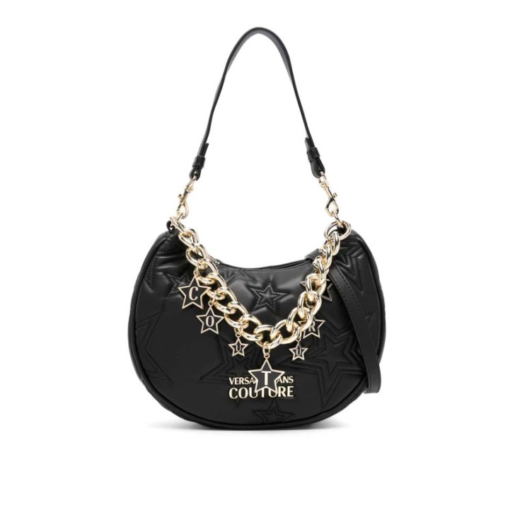 Versace Jeans Couture BORSA HOBO BLACK CON LOGO STELLE ALL OVER, CATENA DORATA CON PENDENTI E TRACOLLA