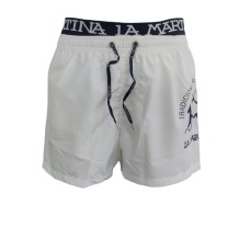 La Martina Boxer da Mare Bianco con maxi logo a contrasto blu e vita elasticizzata con logo lettering