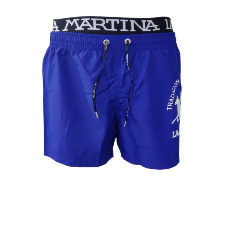 La Martina Boxer da Mare Clematide Blu con maxi logo a contrasto bianco e vita elasticizzata con logo lettering