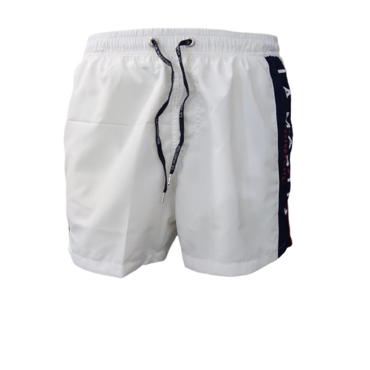 La Martina Boxer da mare bianco con logo ricamato rosso e inserto a contrasto con logo lettering