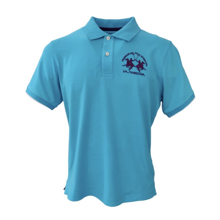 La Martina Polo REGULAR FIT in cotone Azzurra a manica corta con logo La Martina viola ricamato