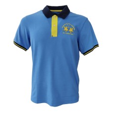 La Martina Polo SLIM FIT Azzurra in cotone a manica corta con logo giallo ricamato a rilievo