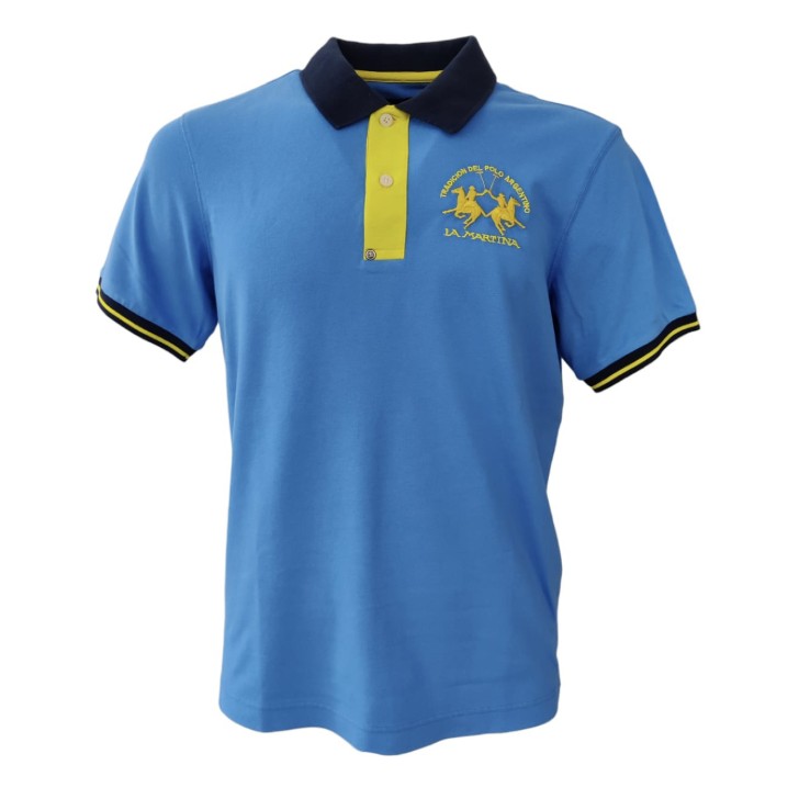 La Martina Polo SLIM FIT Azzurra in cotone a manica corta con logo giallo ricamato a rilievo