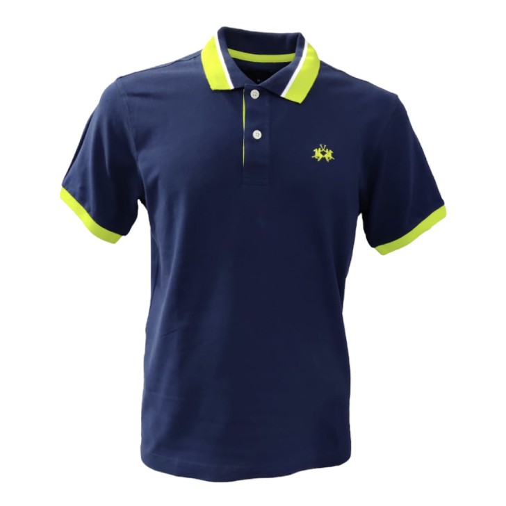 La Martina Polo REGULAR FIT Blu Navy in cotone a manica corta con logo ricamato e collo con inserto a contrasto verde lime