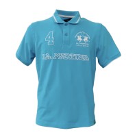 La Martina Polo REGULAR FIT azzurra a manica corta in cotone con patch ricamati a rilievo