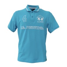 La Martina Polo REGULAR FIT azzurra a manica corta in cotone con patch ricamati a rilievo
