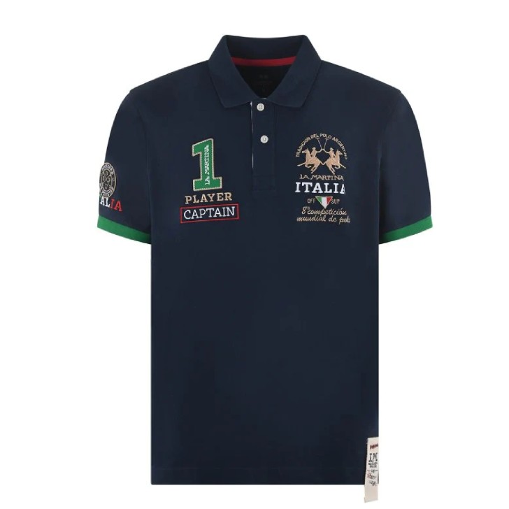 La Martina Polo REGULAR FIT Blu Navy in cotone a manica corta con maxi logo e scritte La Martina ricamati