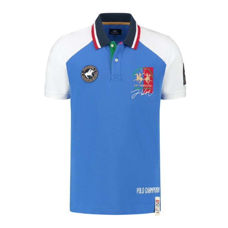 La Martina Polo REGULAR FIT Bluette in cotone a manica corta con patch, maxi logo e logo lettering ricamato a rilievo