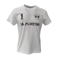 La Martina T-Shirt REGULAR FIT Bianca in cotone a manica corta con logo e patch stampati a contrasto nero laminato